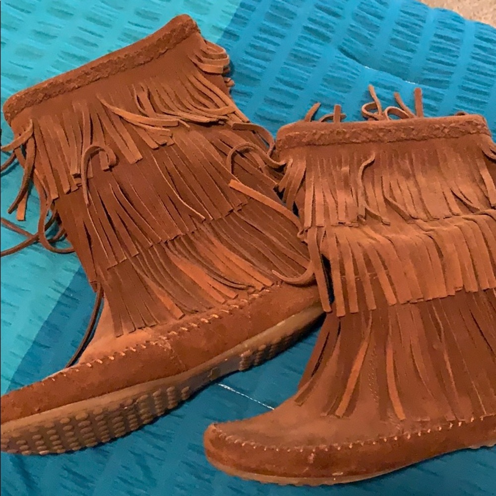 Brown fringe boots